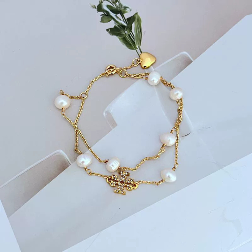 Tory Burch Freshwater Pearl Rhinestone Letter Double Row Bracelet